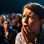 **

> A frustrated person struggling to speak, overwhelmed by anxiety, set against a blurry background of a public speaking event. Emphasize feelings of isolation and helplessness, with a touch of dramatic lighting to highlight the emotional distress.

**