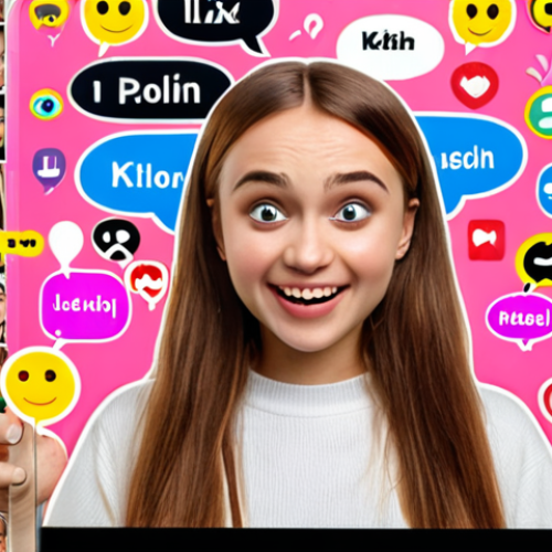 **A young Polish woman having a lively video call with international friends, showcasing a mix of Polish and English slang terms appearing as text bubbles, with various emojis floating around the screen. The background subtly displays social media interfaces like Instagram and TikTok.**