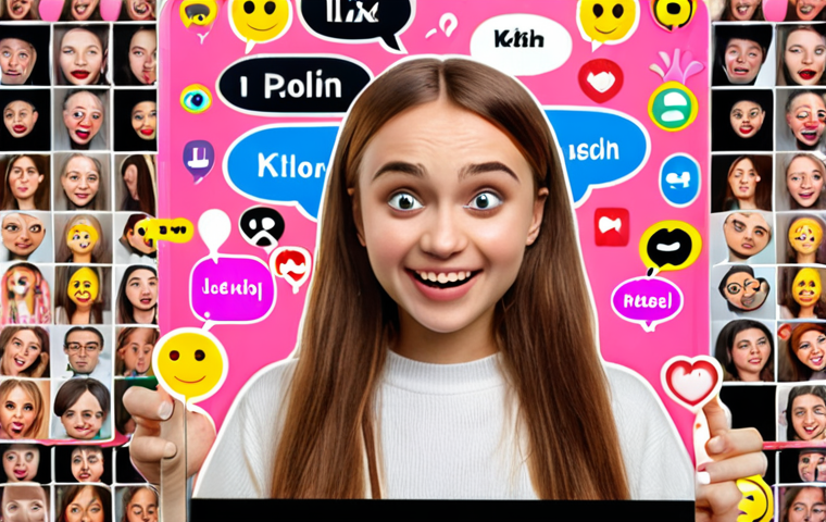 **A young Polish woman having a lively video call with international friends, showcasing a mix of Polish and English slang terms appearing as text bubbles, with various emojis floating around the screen. The background subtly displays social media interfaces like Instagram and TikTok.**