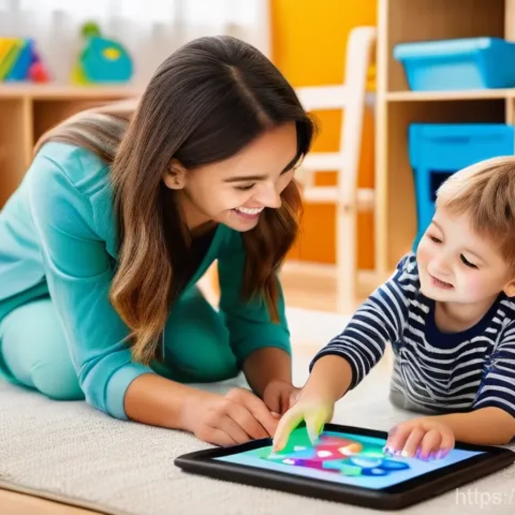 자폐증 언어치료 프로그램 - **Prompt:** A cheerful speech therapist and a young child, approximately 5-7 years old, are joyfully...