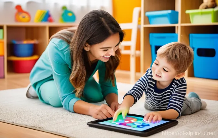 자폐증 언어치료 프로그램 - **Prompt:** A cheerful speech therapist and a young child, approximately 5-7 years old, are joyfully...