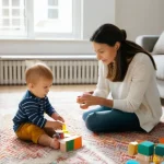 언어 장애 평가 기법 - **Prompt:** A heartwarming scene of a young mother, in her late 20s or early 30s, gently observing h...