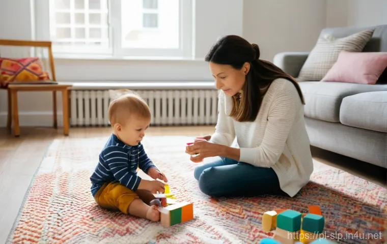 언어 장애 평가 기법 - **Prompt:** A heartwarming scene of a young mother, in her late 20s or early 30s, gently observing h...