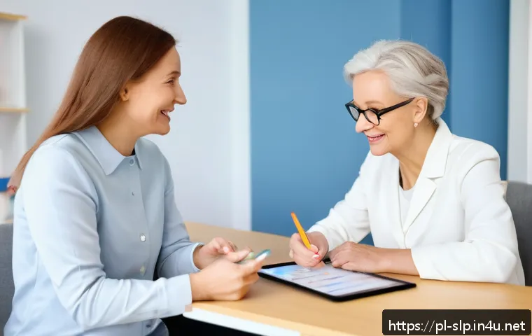 뇌졸중 후 언어 치료 - A warm and compassionate speech therapy session in a modern Polish clinic, featuring a middle-aged f...