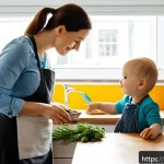 Home 19 아동 언어 발달 - A warm and cozy domestic scene showing a Polish parent and toddler in a modest, well-lit kitchen. Th...