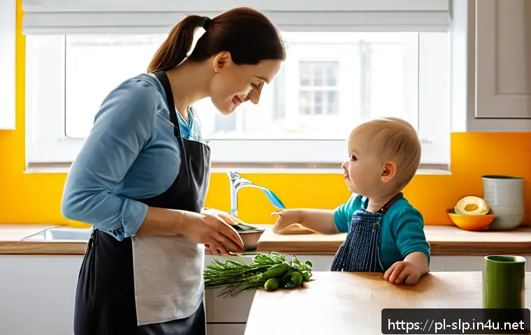 아동 언어 발달 - A warm and cozy domestic scene showing a Polish parent and toddler in a modest, well-lit kitchen. Th...