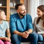 Home 18 성인 언어장애 - A warm, supportive family scene in a cozy Polish living room featuring an adult man with subtle spee...