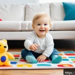 Home 23 언어 발달 지연 - A warm and cozy living room scene featuring a Polish toddler wearing a clean diaper, sitting on a co...