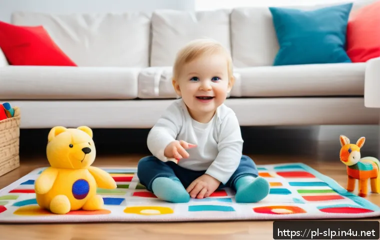 언어 발달 지연 - A warm and cozy living room scene featuring a Polish toddler wearing a clean diaper, sitting on a co...