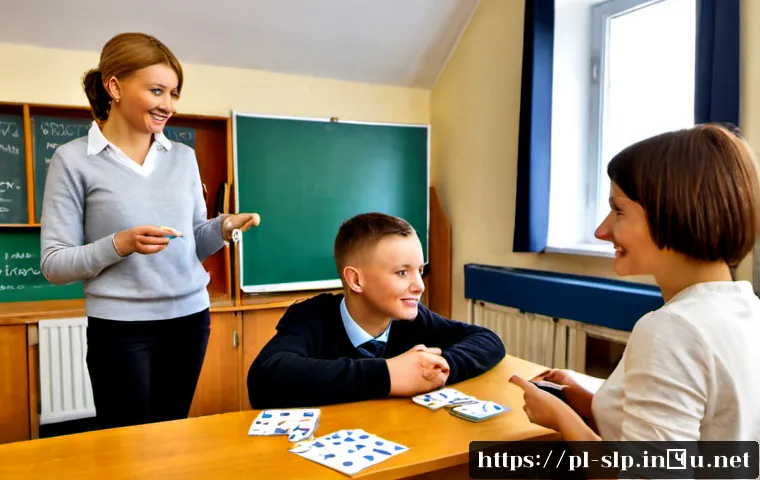 Home 17 언어 교육학 - Photorealistic language education classroom in Poland, a friendly teacher guiding a small group of a...