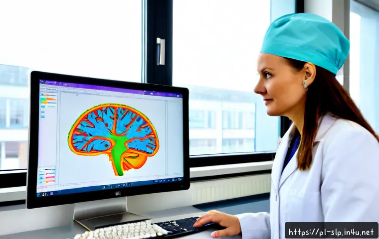Home 17 신경언어학 - Photorealistic neurolinguistics research scene in a modern Polish university laboratory, middle-aged...